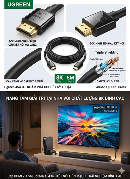 Cáp HDMI 2.1 dài 5M 8K@60Hz 48Gbps hỗ trợ HDR eARC Ugreen 45434